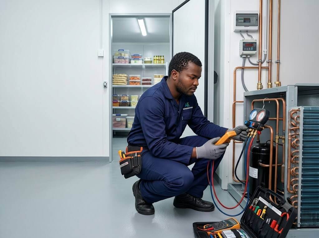 Commercial cold room being serviced by AE Refrigeration technician