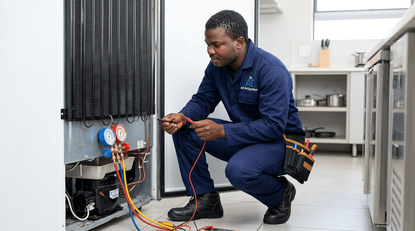 Technician working on a domestic fridge in a Cape Town kitchen