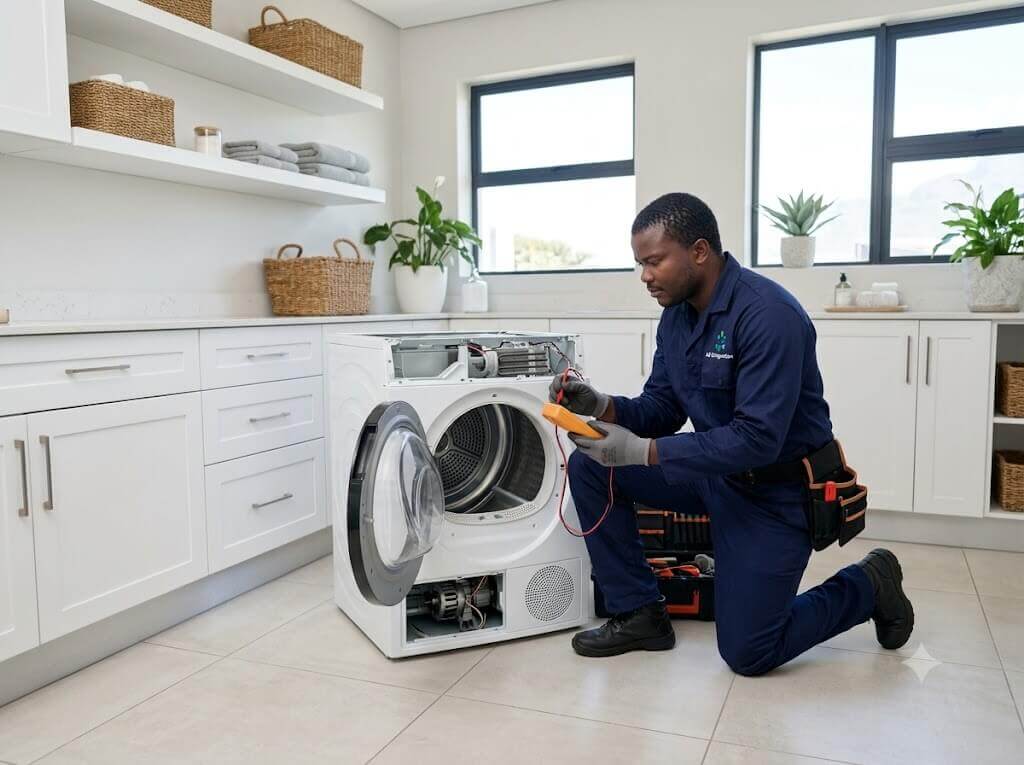 Technician cleaning a tumble dryer lint filter and vent