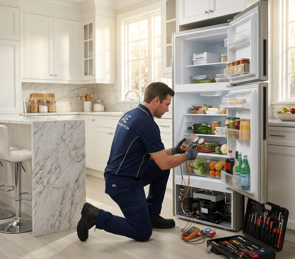 Technician assessing whether an older fridge is worth repairing in Cape Town